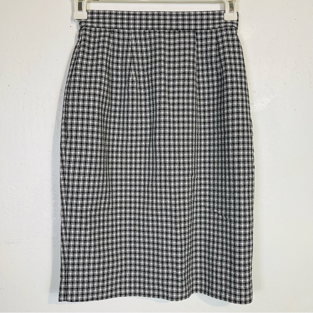 Vintage 80s 90s Panther Petites Size 6 P 6P Plaid Pencil Skirt Black White Retro
